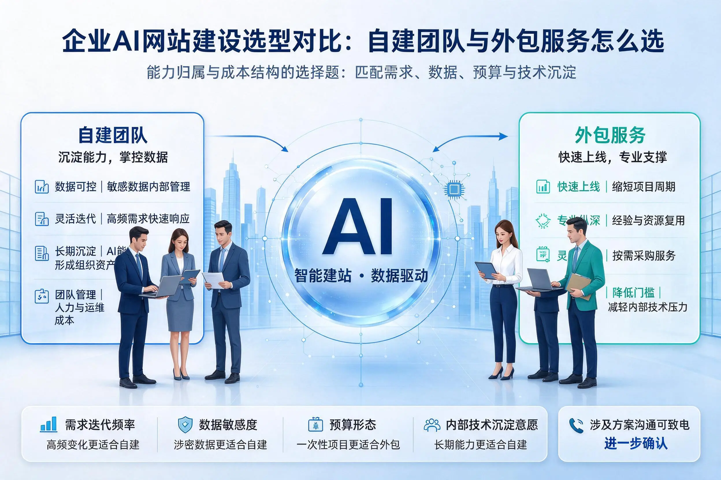 南阳企业AI网站建设选型对比:自建团队与外包服务怎么选